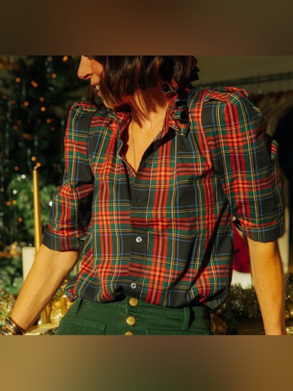 KMJ Plaid Button-Front Shirt with Ruffle Collar - Red & Green - Botina fit - Picture 2 of 7